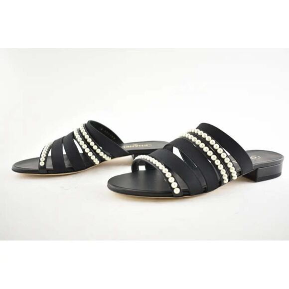 Chanel 20P Black White Pearl Strap CC Logo Slide Slip On Sandal Mule Flat 38 - Picture 7 of 9